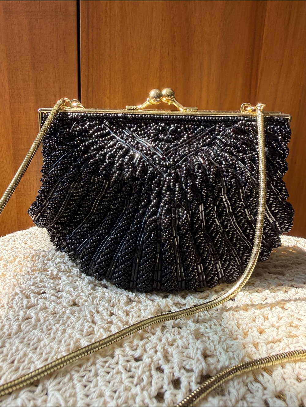 Vintage Black Beaded Evening Clutch with Gold Frame/Chain 18”